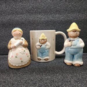 Farmer & Wife Salt & Pepper Shakers with Farmer Coffee Mug OTAGIRI Hand Crafted